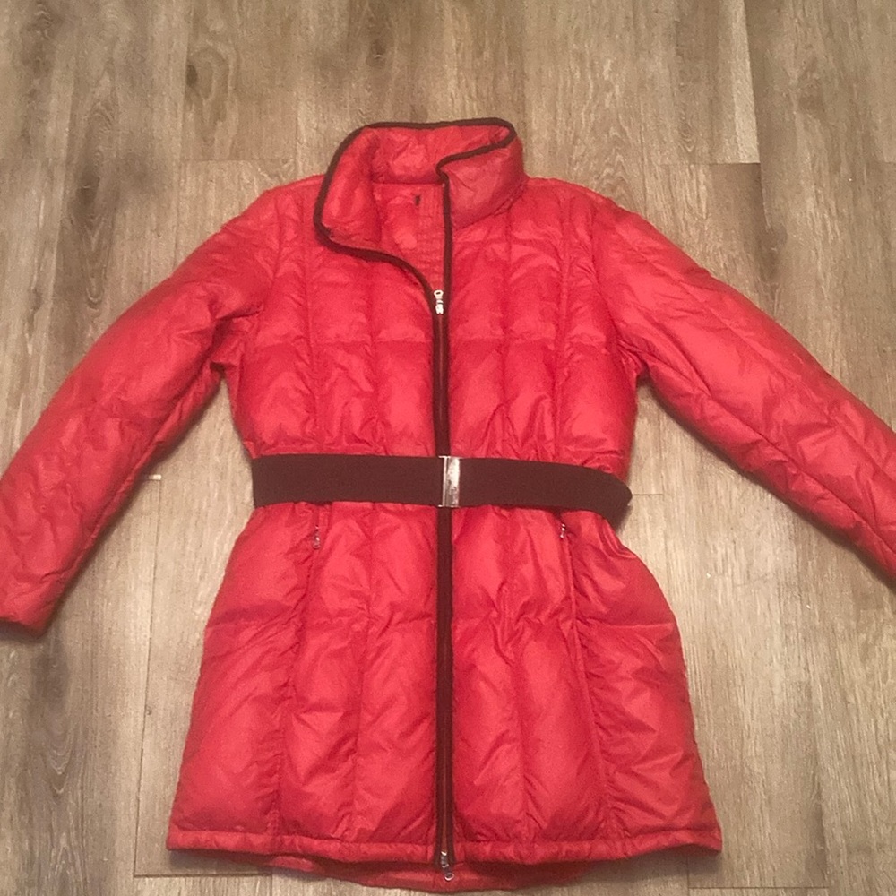 Red Puffer Coat with Belt